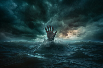 Wall Mural - Hand rise from water of the sea as drown illustration