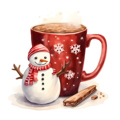 Wall Mural - Cup of hot cocoa with snowman. Watercolor hand drawn illustration