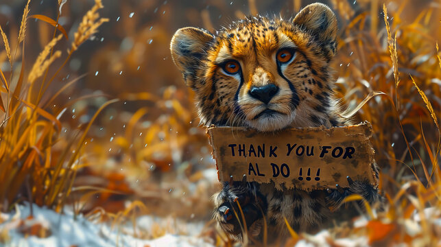 A cheetah holding a sign that says thank you for all you do.
