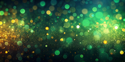 Wall Mural - Party background banner panorama illustration - Abstract gold firework fireworks on dark green texture with bokeh lights