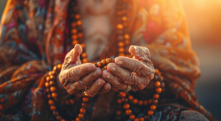 Wall Mural - Close up of hands holding prayer beads, an old woman praying in the style of Buddhism and yoga concept on a blurred background
