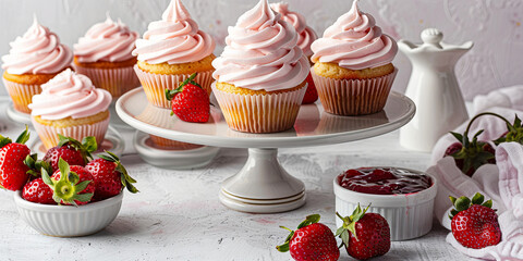 Wall Mural - vibrant and mouthwatering strawberry cupcakes, generative AI