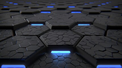 Poster - Black hexagonal with blue lights tiles creating a geometric pattern