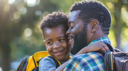 Wall Mural - A parent and child sharing a special moment before school starts. 