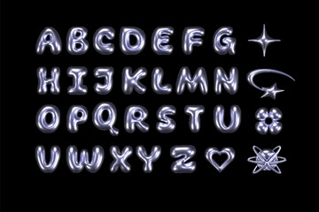 Poster - 3d chrome liquid font y2k style. 3d y2k metal inflated alphabet