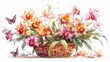 Charming watercolor illustration of a basket filled with Cattleya orchids and butterflies nearby, set in bright pastels against a white background