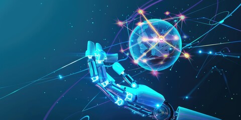 Wall Mural - A white robot hand holding an atom with energy lines connecting to it, on a blue background, with neon light effects and glowing colors in the futuristic style