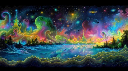 Wall Mural - a colorful painting of a galaxy with a blue sky and trees in the foreground