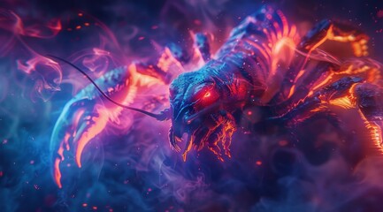 Wall Mural - scorpio zodiac sign, colorful smoke swirls around the it's head, red eyes glow in the dark backgroun