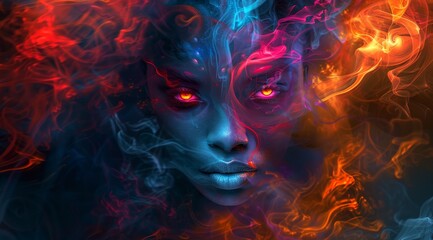 Wall Mural - colorful smoke swirls around human head, red eyes glow in the dark background
