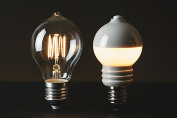 Two light bulbs, one is a traditional bulb and the other is a modern LED bulb. The traditional bulb has a warm, yellowish glow, while the LED bulb has a bright, white light