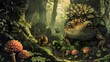 A frog with a flower on its head is surrounded by mushrooms and plants. The image has a whimsical and playful mood, with the frog looking down at the viewer as if it is curious about them