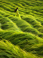 Wall Mural - A woman is walking through a field of tall grass