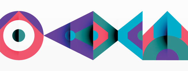 Poster - A colorful logo incorporating rectangles, triangles, arrows, tints and shades, and patterns, showcasing creative arts and material properties on a white background