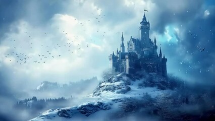 Wall Mural - castle is shown in distance with snowy mountain in background