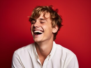 A young man with blonde hair is smiling and laughing