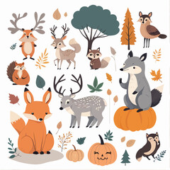 Wall Mural - a picture of a forest scene with animals and pumpkins