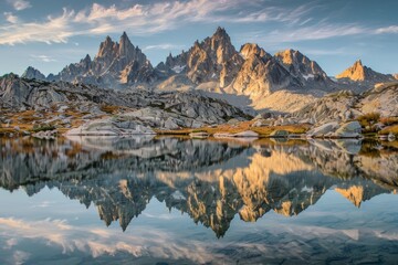 Wall Mural - Immerse yourself in the serene beauty of a mountain range reflected in the still waters of a crystal-clear alpine lake, Generative AI