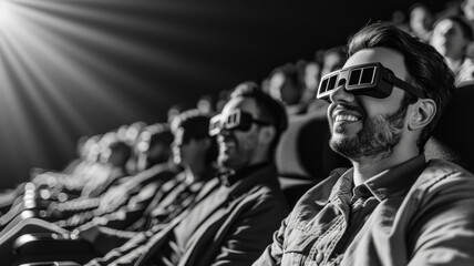 vintage people watching movie in the cinema wearing 3d black lens glasses