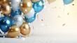 Holiday background with golden and blue metallic balloons, confetti and ribbons. Festive card for birthday party, anniversary, new year, christmas or other events. AI generated