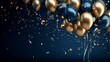 Holiday background with golden and blue metallic balloons, confetti and ribbons. Festive card for birthday party, anniversary, new year, christmas or other events. AI generated
