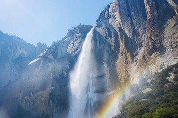 Witness the power of nature as you stand beneath a towering waterfall cascading down the sheer face of a mountain peak, Generative AI