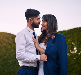 Wall Mural - Couple, hug and love in nature wedding, happy together and marriage celebration in nature. People, countryside and romance in garden or smile for support, trust and commitment to relationship in park