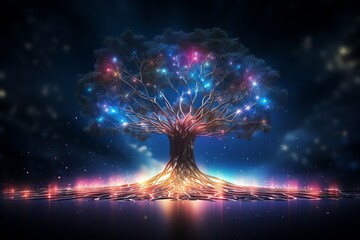 Abstract tech tree, roots glowing, neon web, deep digital connections