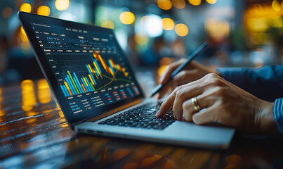 Poster - businessman analyzing business data on tablet and laptop; financial reports, digital marketing analy