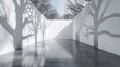 A panoramic view of a minimalist gallery space, where stark shadows of leafless trees are cast on the walls through light projection, merging nature with contemporary art. 