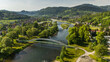 Szczawnica townscape and Dunajec River bends. Aerial drone view at springtime