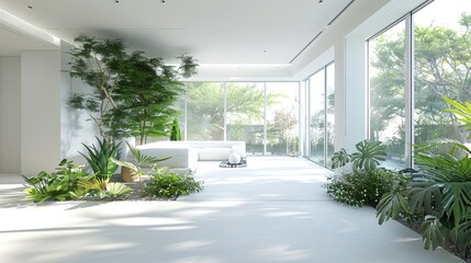 Wall Mural - A bright white living space with an indoor garden, visible through the floor-to-ceiling windows beside the bay