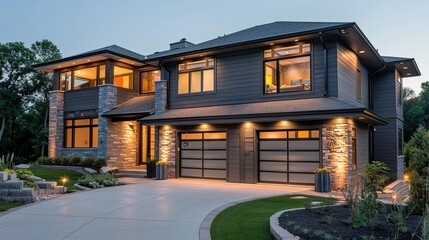 A contemporary house exterior with clean gray wood siding, stone columns, and two well-integrated garage spaces, the landscape lighting casting a warm ambiance at dusk