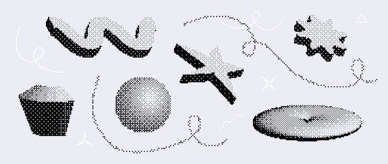 Poster - Bitmap pixelated shape set. Dither halftone geometric object collection. Black sphere, disk, star, sparkle, wave elements for banner, poster, leaflet. Pixel 3d raster effect bundle. Vector pack