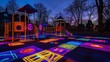 A playful, candy-colored light projection on a playground at dusk, turning the ground into a vibrant, interactive game board for children to explore and enjoy. 32k, full ultra hd, high resolution