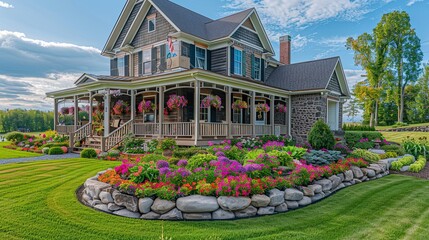 A luxury country farm house with a wrap-around porch and vibrant flower beds in full bloom