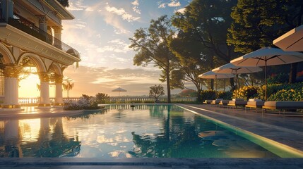 A luxury villa's pool exterior at dawn, with the first rays of sun illuminating the umbrellas and garden