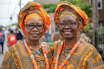 Wall Mural - Two joyful African women in vibrant traditional attire, smiling broadly at a community event.