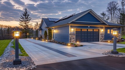 Wall Mural - A modern home's garage with blue siding and stone trim, the driveway lined with solar lights