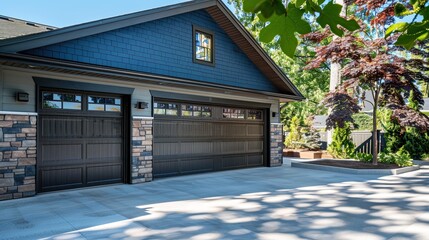 Wall Mural - A modern home's two-car garage with blue siding and stone trim, an ornamental tree casting delicate shadows