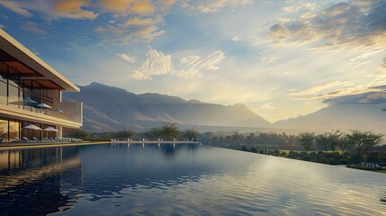 Wall Mural - A panoramic view of a resort's expansive pool area, with a backdrop of mountains and a dynamic sky