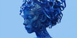 Dynamic blue wave stripes transform to abstract silhouette of  portrait woman transformed into sound waves designed background 