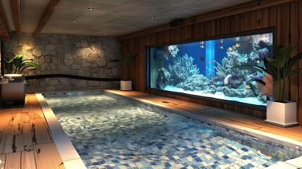 Wall Mural - A summer house with a pool that includes a built-in aquarium wall