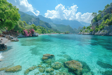 Wall Mural - A stunning photograph of the clear turquoise waters and lush greenery at O dapen beach in antalya, turkey. Created with AI