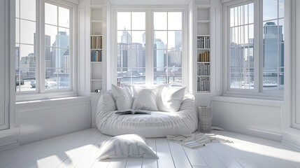 Wall Mural - A white-themed living room with a cozy reading nook, surrounded by windows showing the city's waterfront