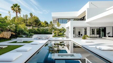 The architectural beauty of a white villa's exterior, with a geometric pool design and a meticulously curated garden at midday