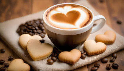 Wall Mural - A cup of coffee with foam and latte art with chocolate chip cookies and coffee beans on a wooden table