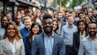 © ORG - multicultural businessman outdoors Large group of smiling people wearing formal clothes on city street.