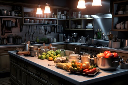 panoramic shot of a modern kitchen with lots of fruits and vegetables