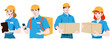 Set of couriers and call center operators, men and women, wearing blue shirts and orange caps, with tablet and cardboard boxes in their hands or a backpack on their back. Flat design illustration.